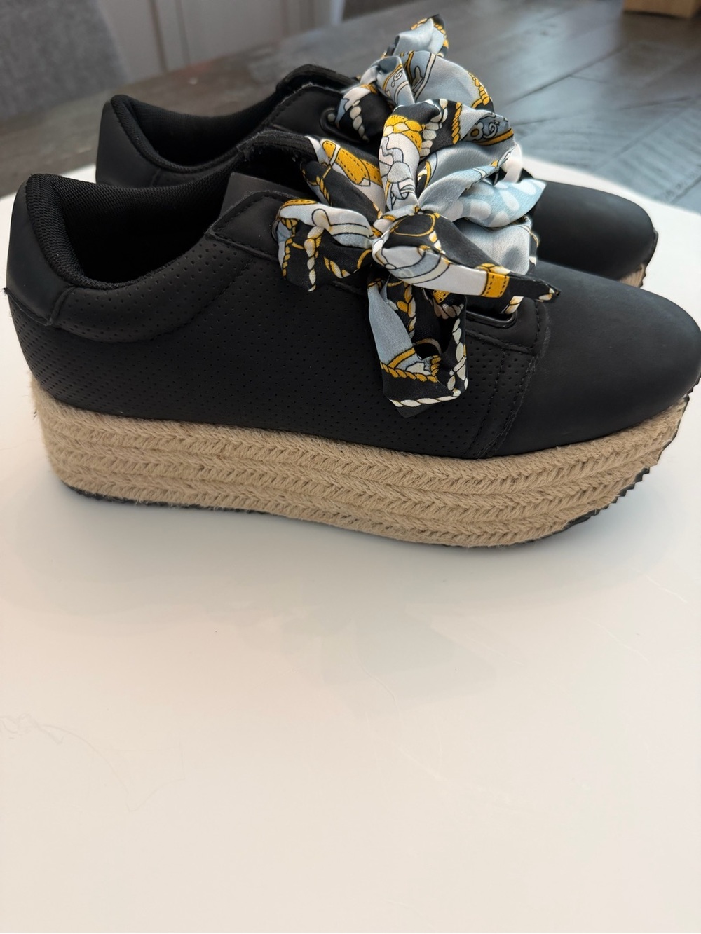 Menina Black Platform Espadrille Sneakers with Patterned Scarf Laces